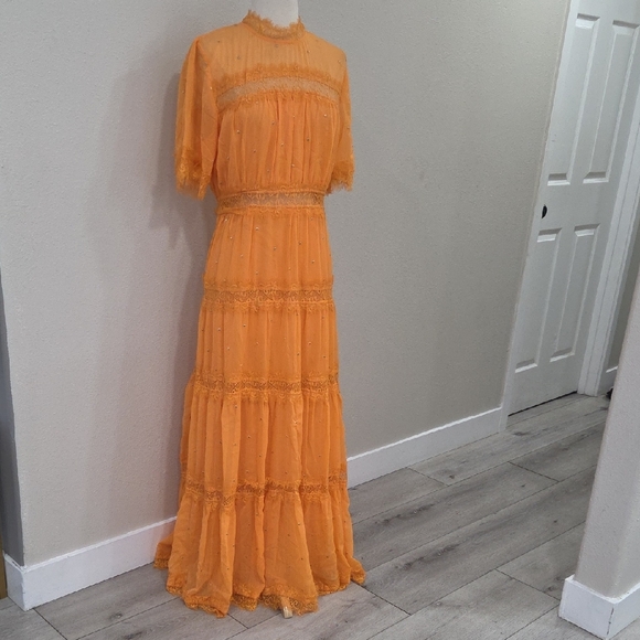 Anthropologie Orange Ruffled Tiered Gown with Bishop Sleeves - Picture 4 of 7